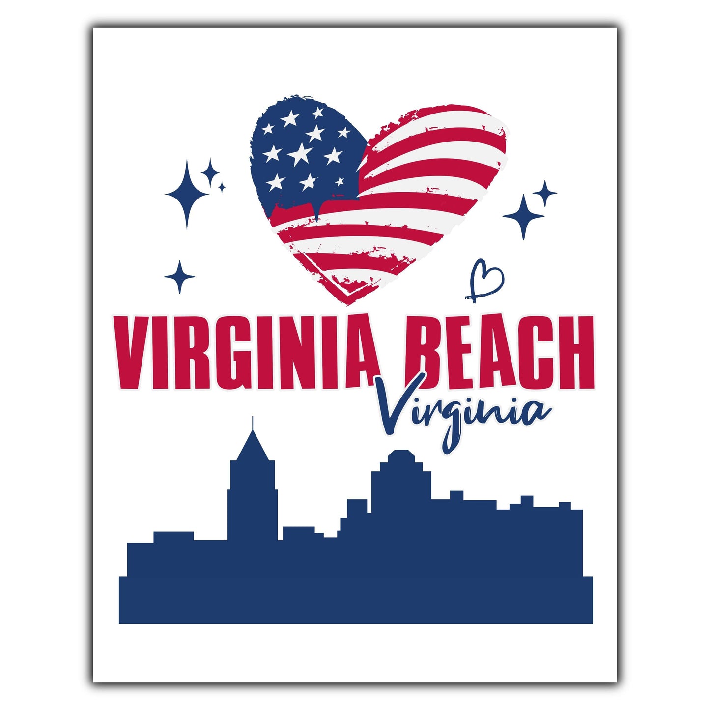 Virginia Beach Virginia Skyline American Flag Heart 4th of July 8"x10" Wall Art Print