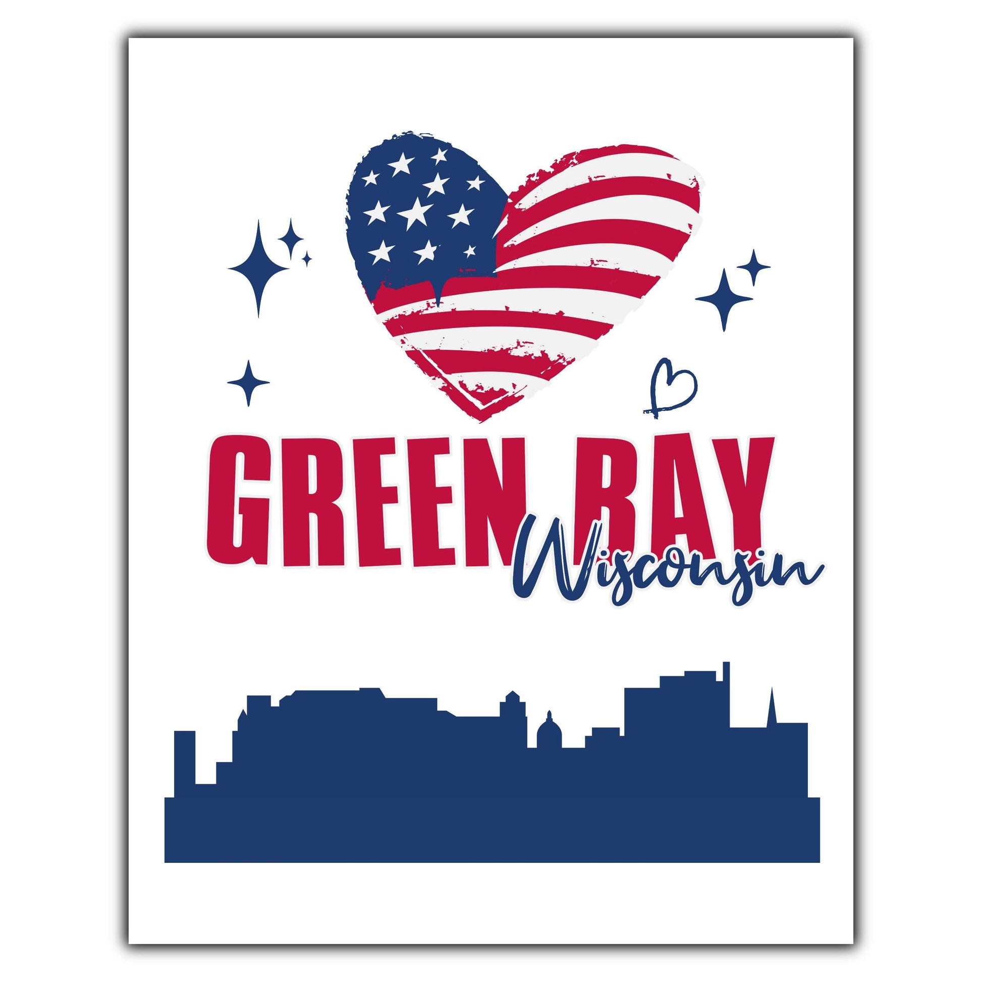 Green Bay Wisconsin Skyline American Flag Heart 4th of July 8"x10" Wall Art Print