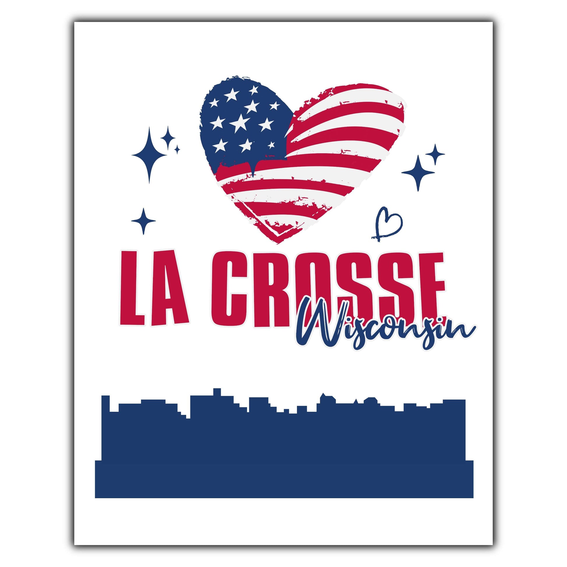 La Crosse Wisconsin Skyline American Flag Heart 4th of July 8"x10" Wall Art Print