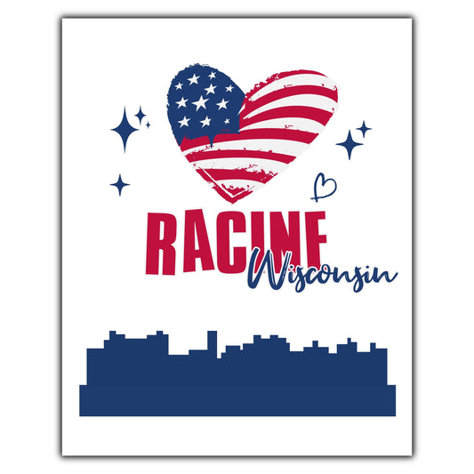 Racine Wisconsin Skyline American Flag Heart 4th of July 8"x10" Wall Art Print