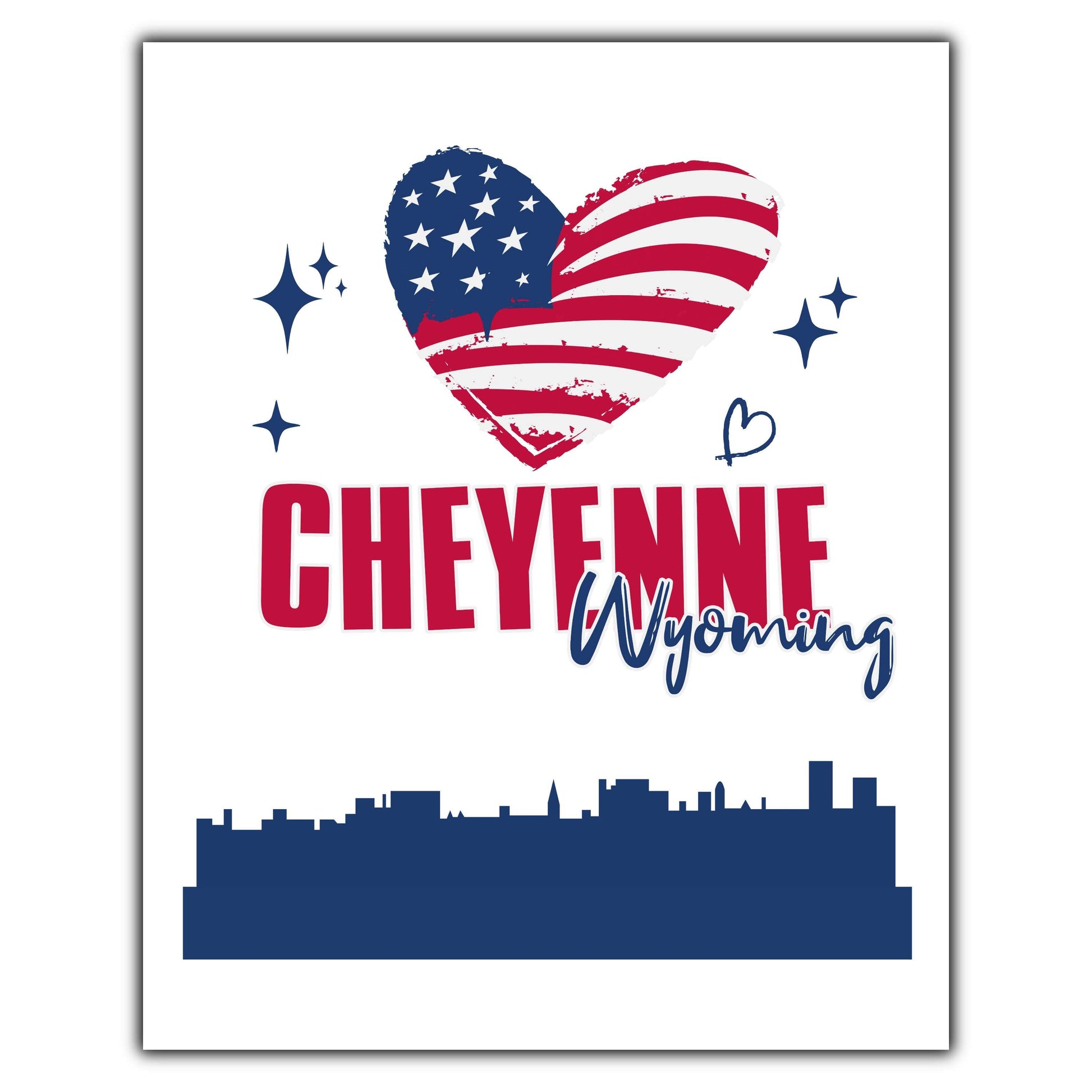 Cheyenne Wyoming Skyline American Flag Heart 4th of July 8"x10" Wall Art Print