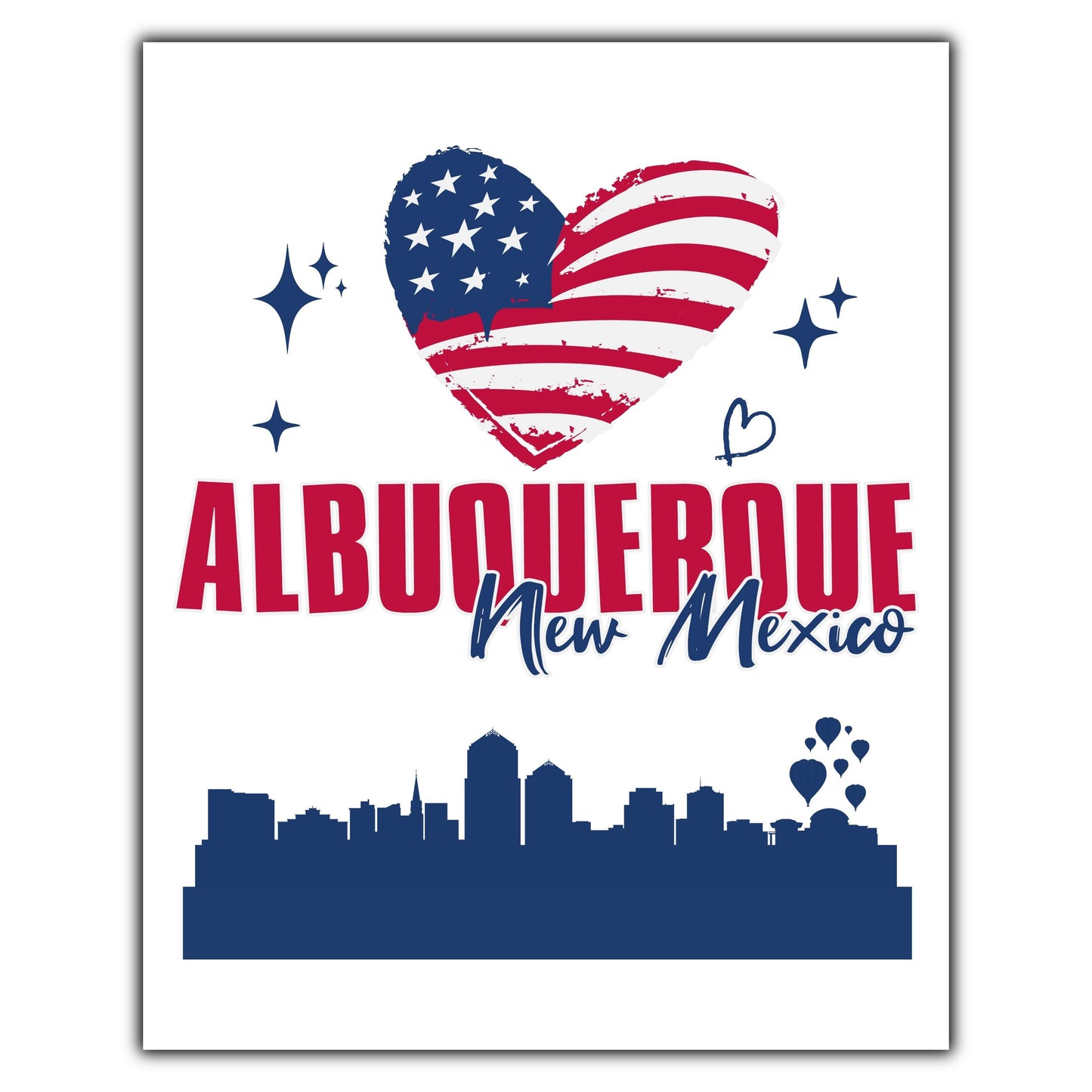 Albuquerque New Mexico Skyline American Flag Heart 4th of July 8"x10" Wall Art Print