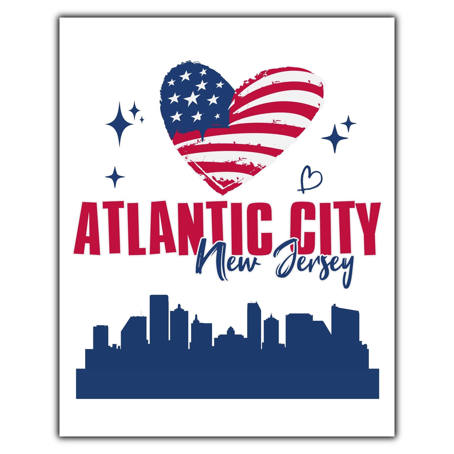Atlantic City New Jersey Skyline American Flag Heart 4th of July 8"x10" Wall Art Print
