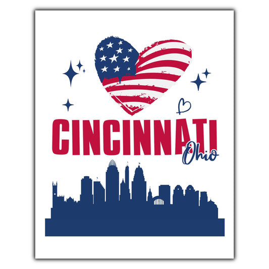 Cincinnati Ohio Skyline American Flag Heart 4th of July 8"x10" Wall Art Print
