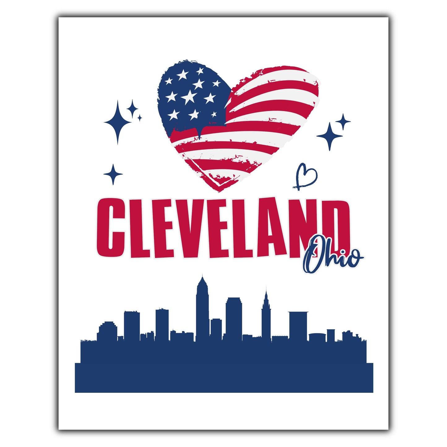 Cleveland Ohio Skyline American Flag Heart 4th of July 8"x10" Wall Art Print