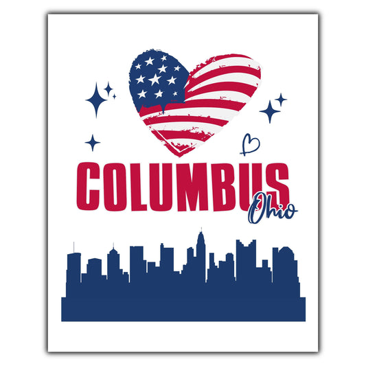 Columbus Ohio Skyline American Flag Heart 4th of July 8"x10" Wall Art Print