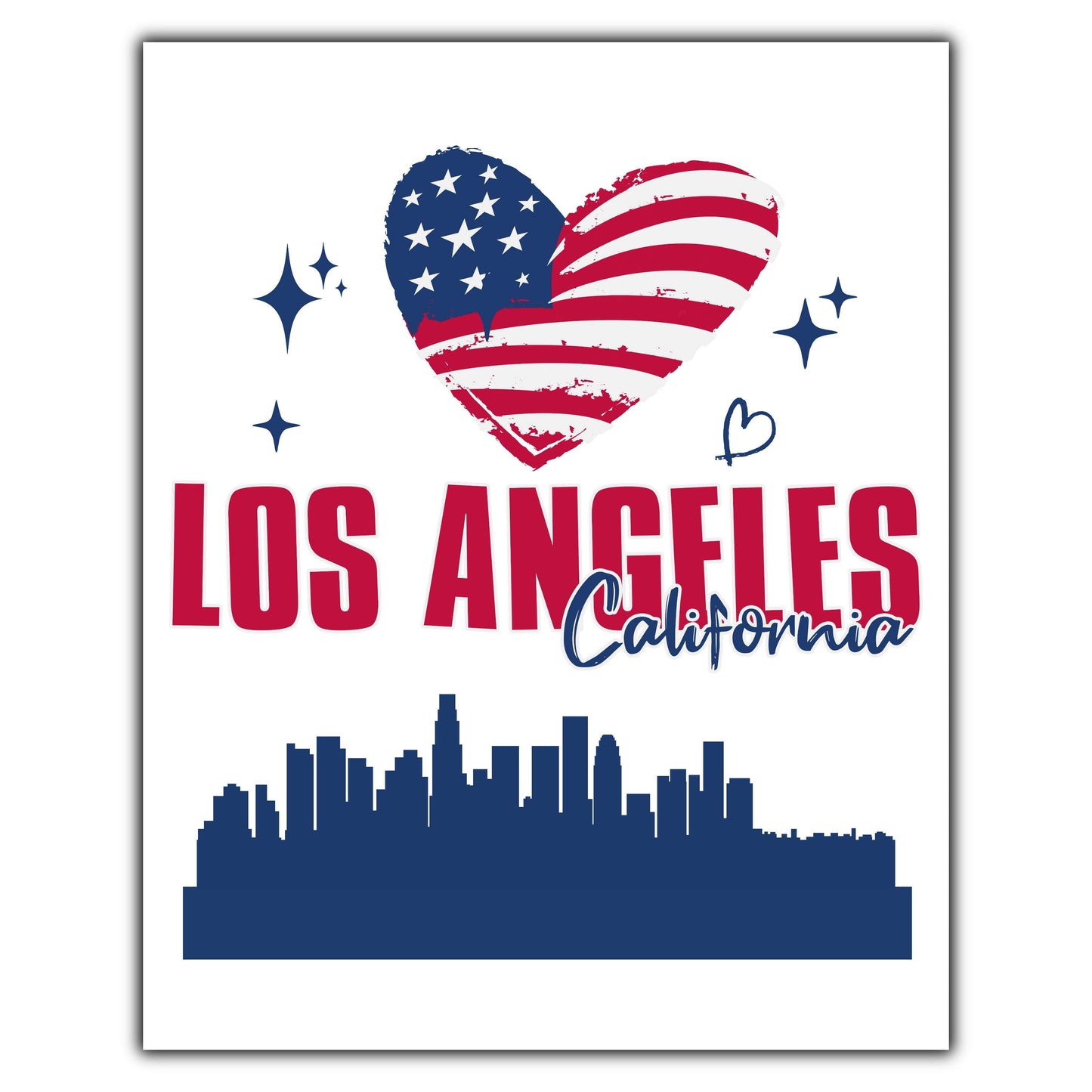 Los Angeles California Skyline American Flag Heart 4th of July 8"x10" Wall Art Print