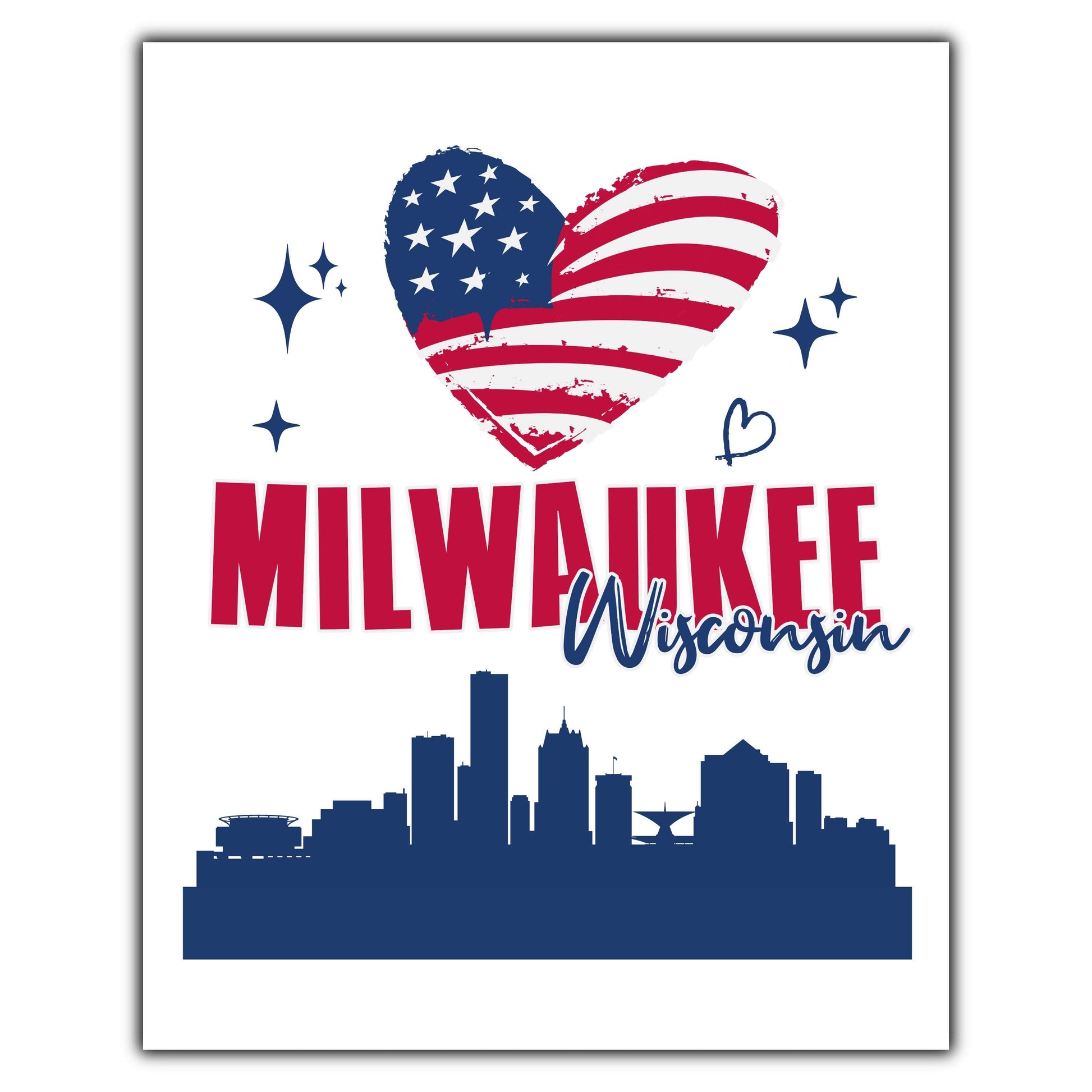 Milwaukee Wisconsin Skyline American Flag Heart 4th of July 8"x10" Wall Art Print