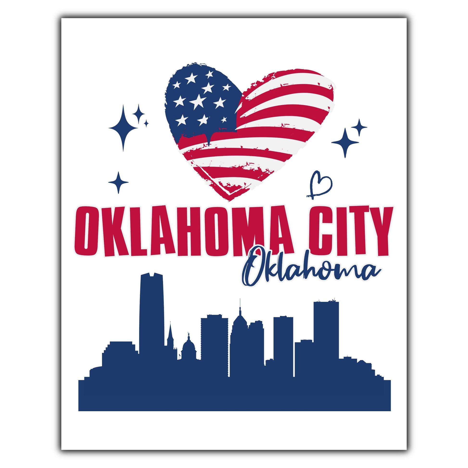 Oklahoma City Oklahoma Skyline American Flag Heart 4th of July 8"x10" Wall Art Print