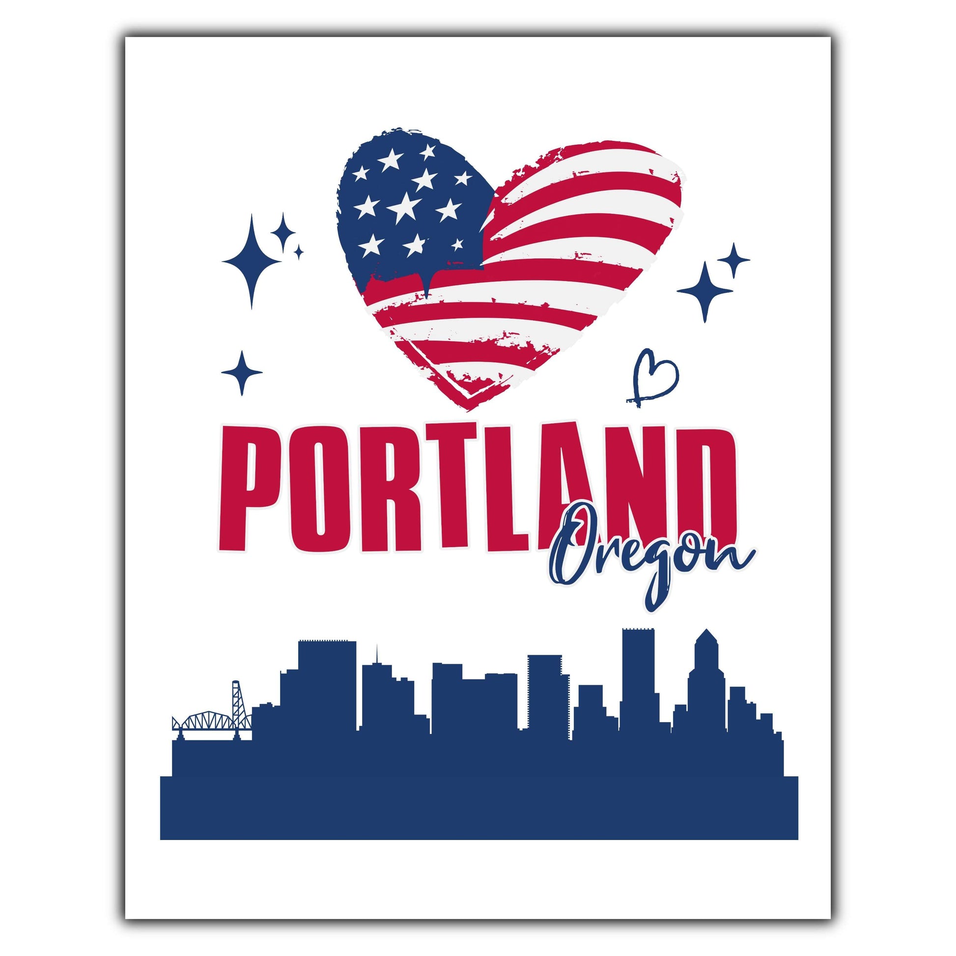 Portland Oregon Skyline American Flag Heart 4th of July 8"x10" Wall Art Print