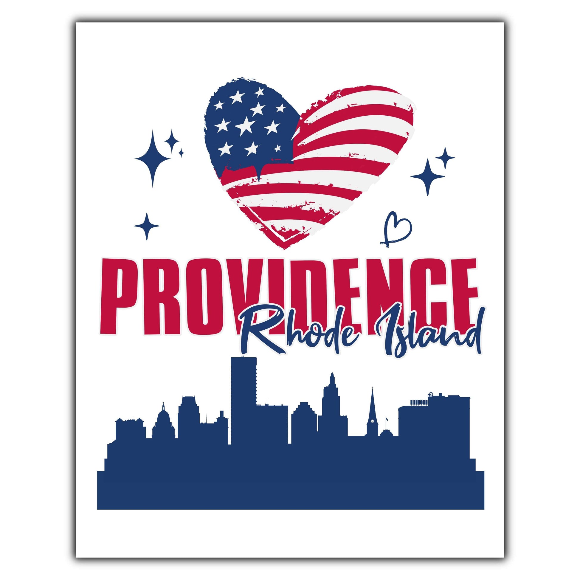 Providence Rhode Island Skyline American Flag Heart 4th of July 8"x10" Wall Art Print