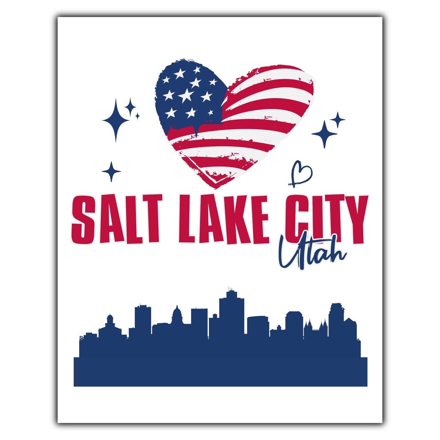 Salt Lake City Utah Skyline American Flag Heart 4th of July 8"x10" Wall Art Print
