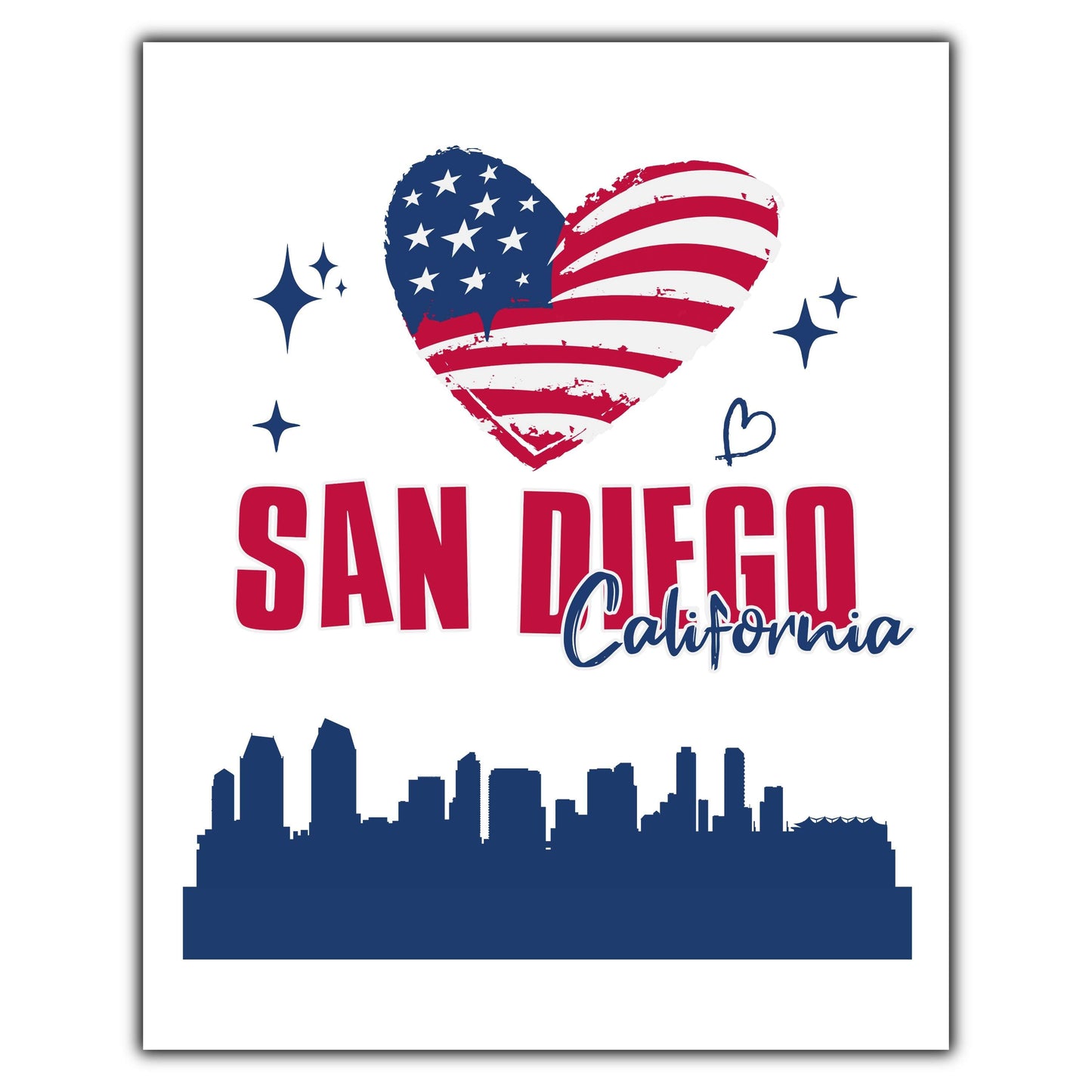 San Diego California Skyline American Flag Heart 4th of July 8"x10" Wall Art Print