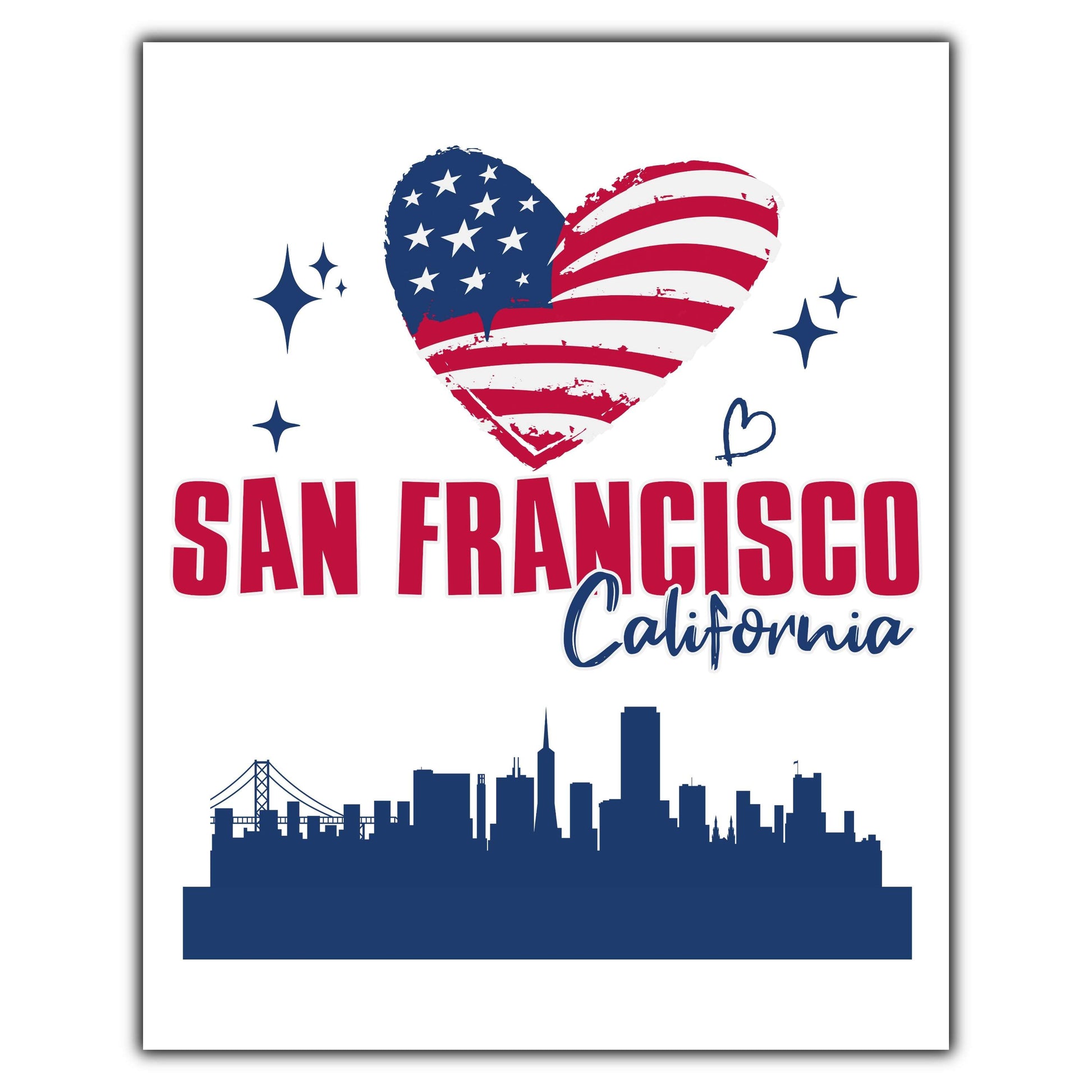 San Francisco California Skyline American Flag Heart 4th of July 8"x10" Wall Art Print