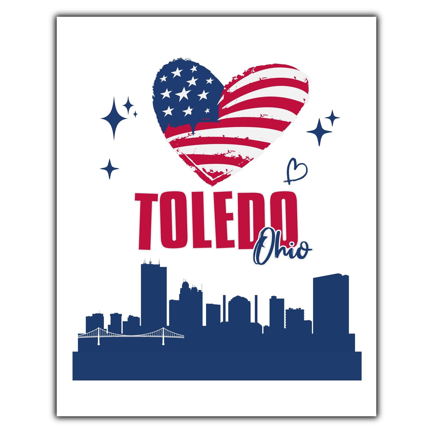 Toledo Ohio Skyline American Flag Heart 4th of July 8"x10" Wall Art Print
