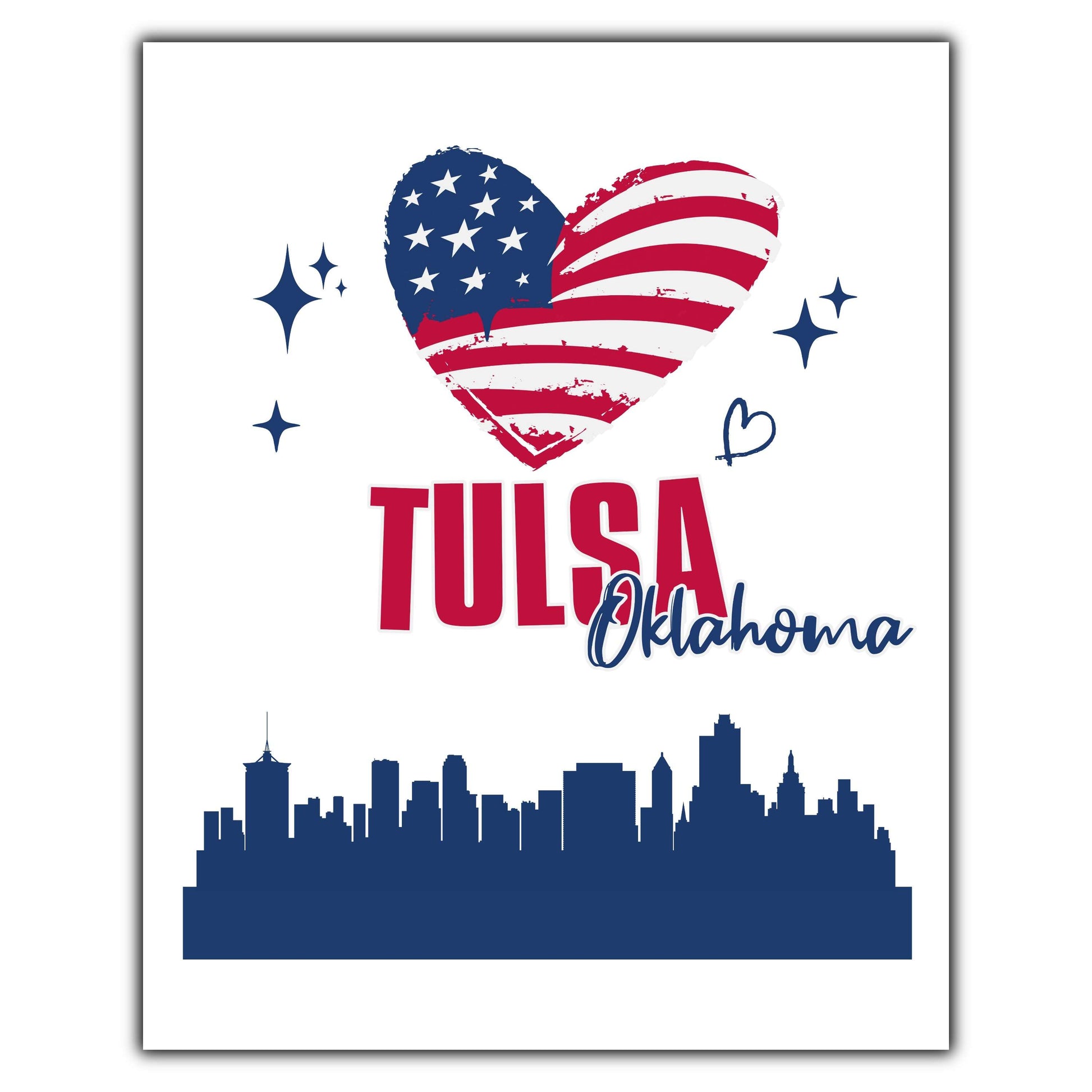 Tulsa Oklahoma Skyline American Flag Heart 4th of July 8"x10" Wall Art Print