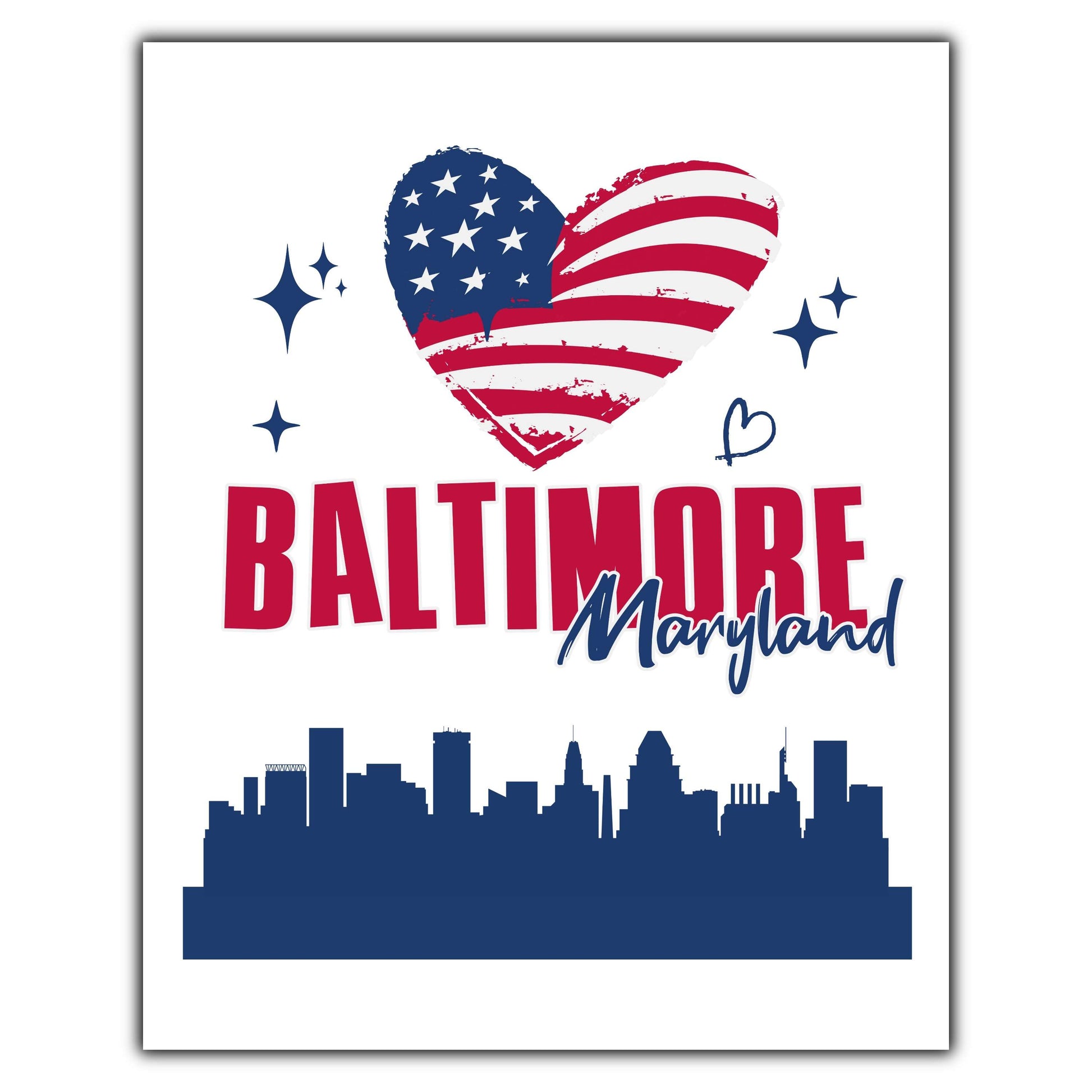 Baltimore Maryland Skyline American Flag Heart 4th of July 8"x10" Wall Art Print