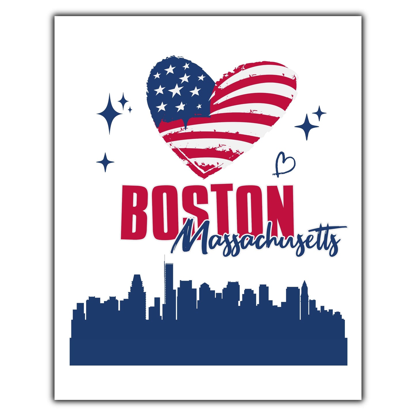 Boston Massachusetts Skyline American Flag Heart 4th of July 8"x10" Wall Art Print