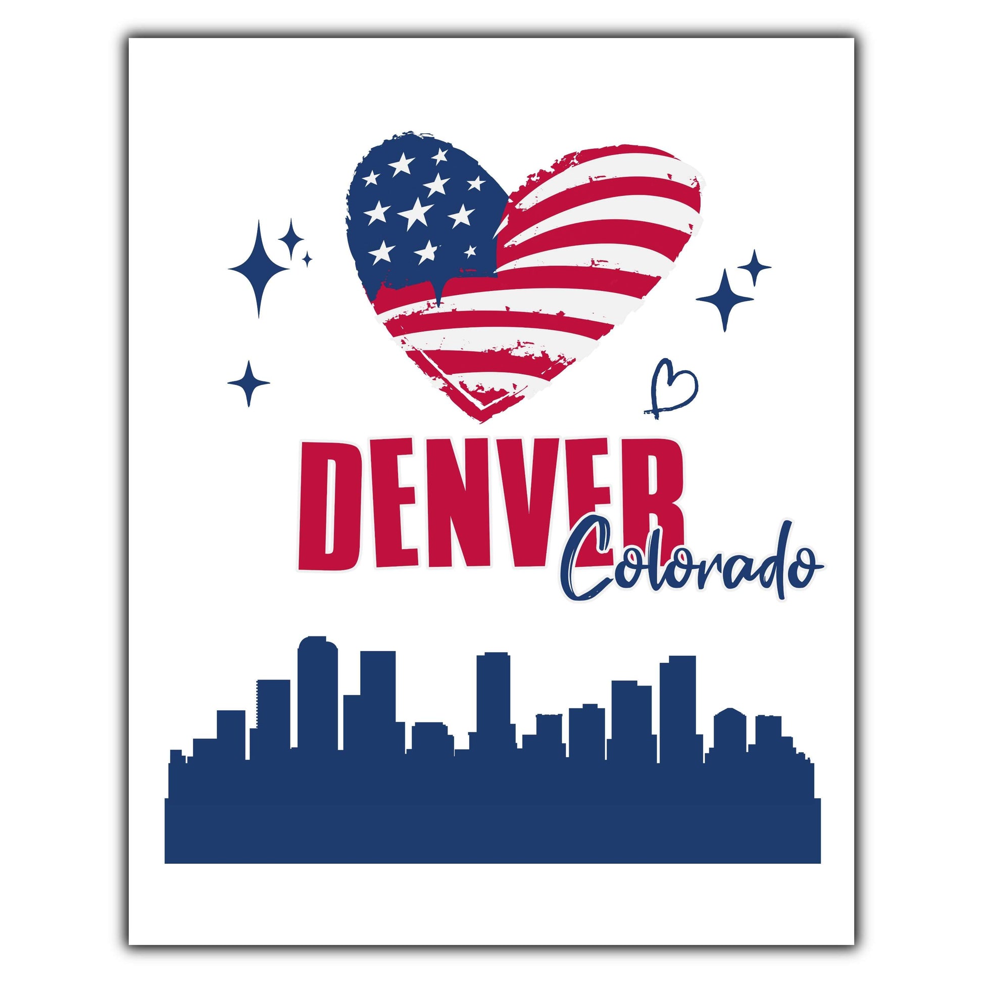 Denver Colorado Skyline American Flag Heart 4th of July 8"x10" Wall Art Print