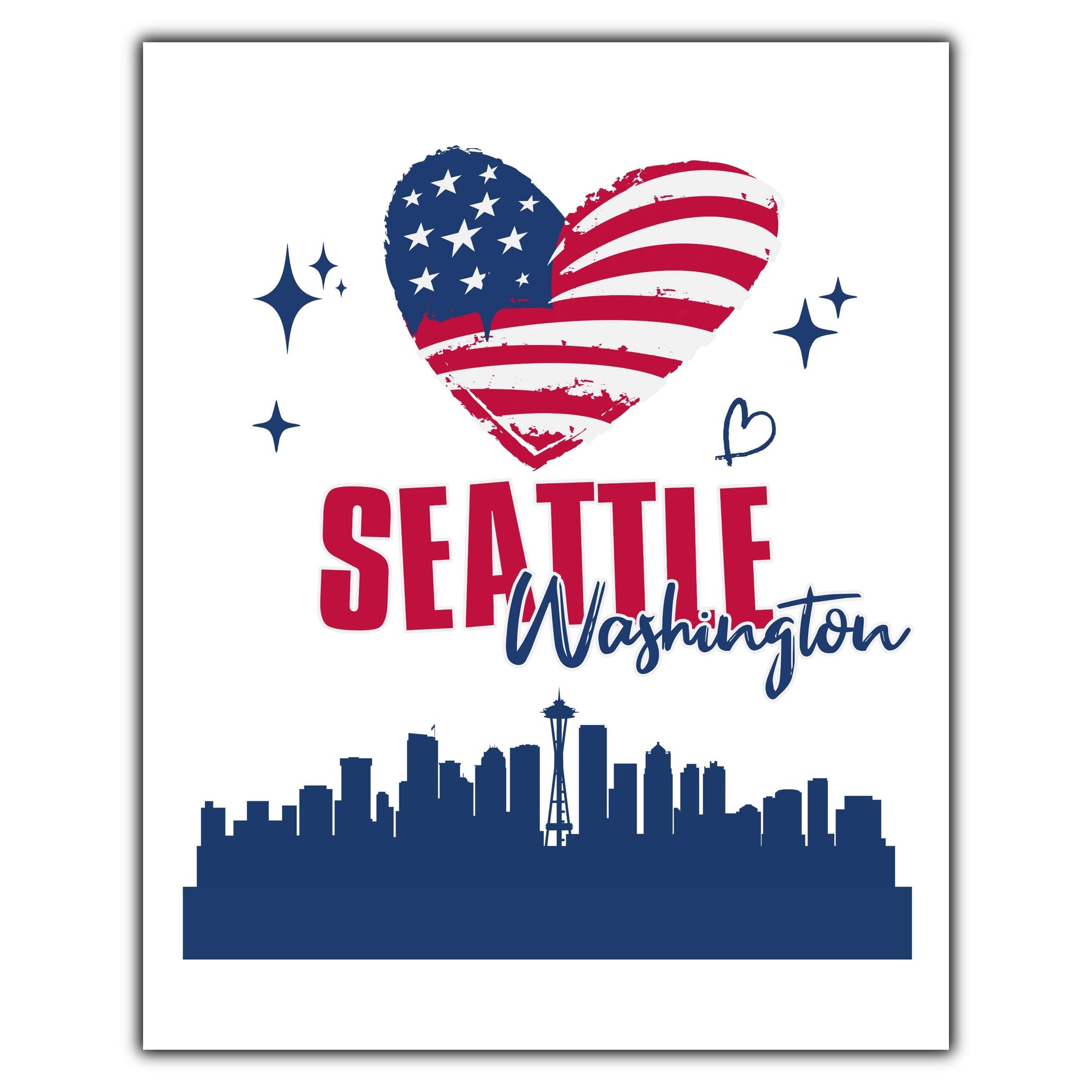 Seattle Washington Skyline American Flag Heart 4th of July 8"x10" Wall Art Print