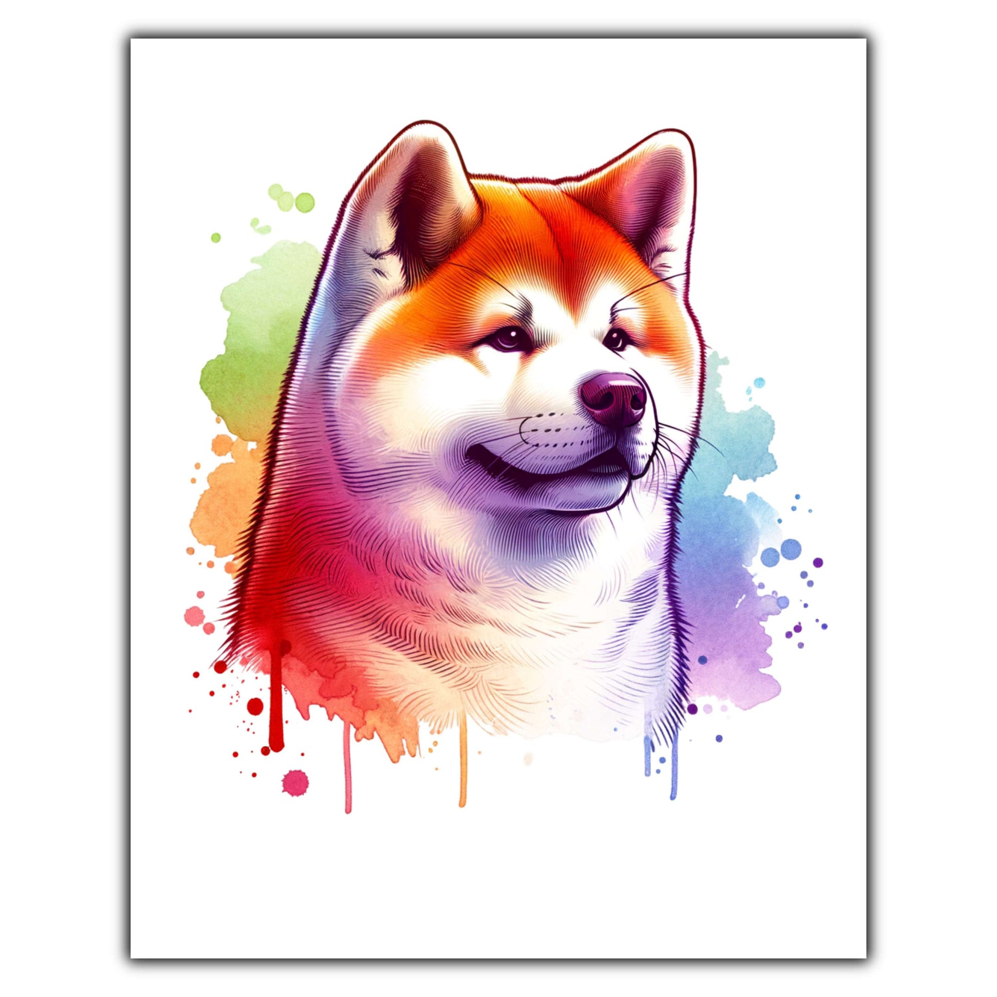 Akita Rainbow Watercolor Portrait Dog Lover 8"x10" Wall Art Print - Akita Gift