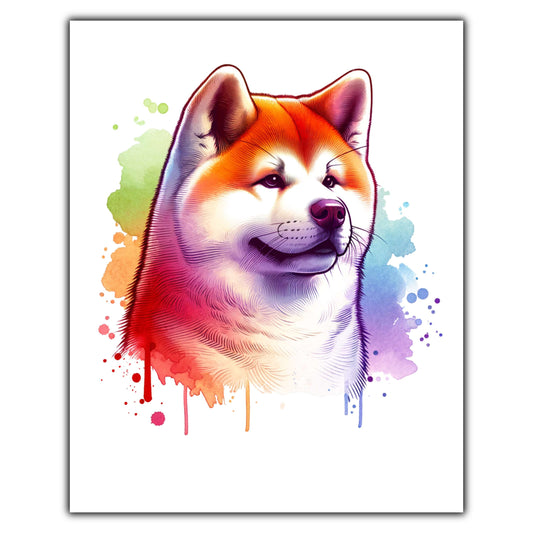 Akita Rainbow Watercolor Portrait Dog Lover 8"x10" Wall Art Print - Akita Gift