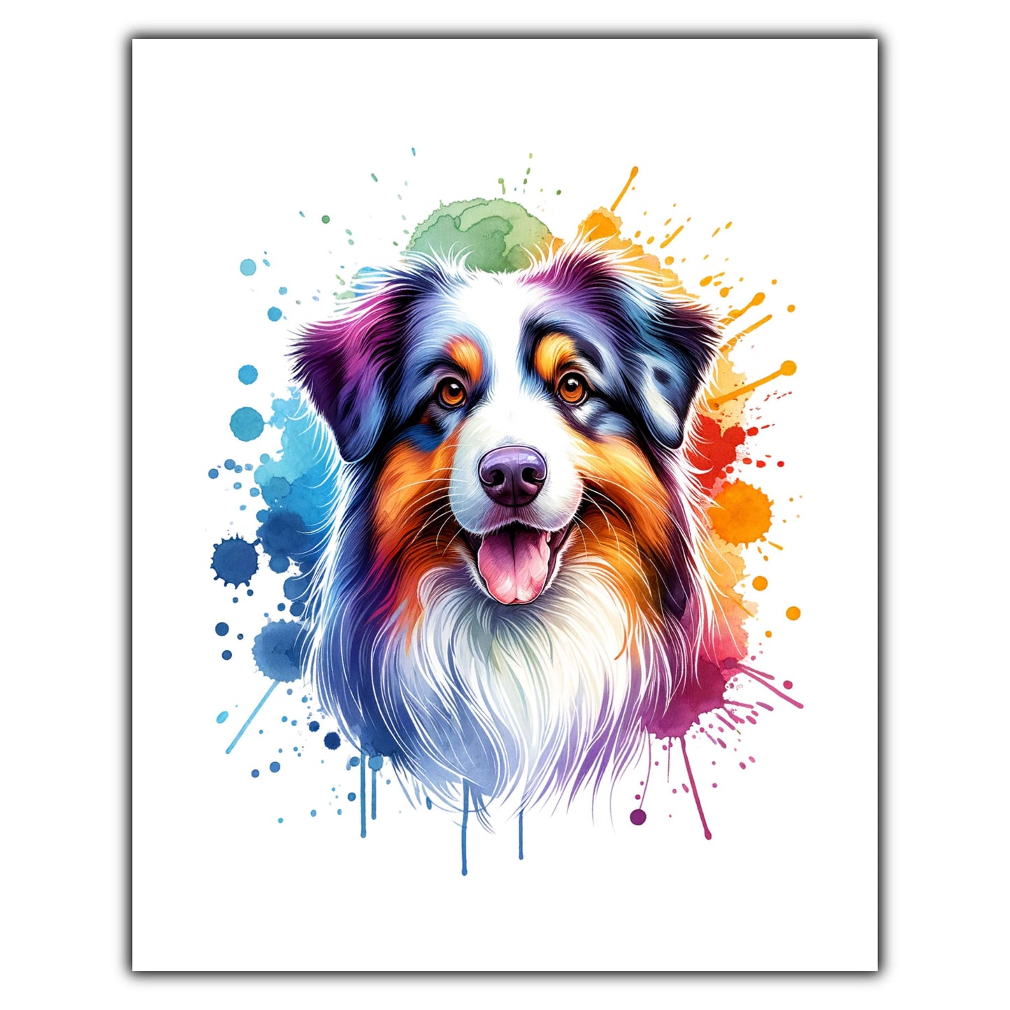 Australian Shepherd Rainbow Watercolor Portrait Dog Lover 8"x10" Wall Art Print - Australian Shepherd Gift