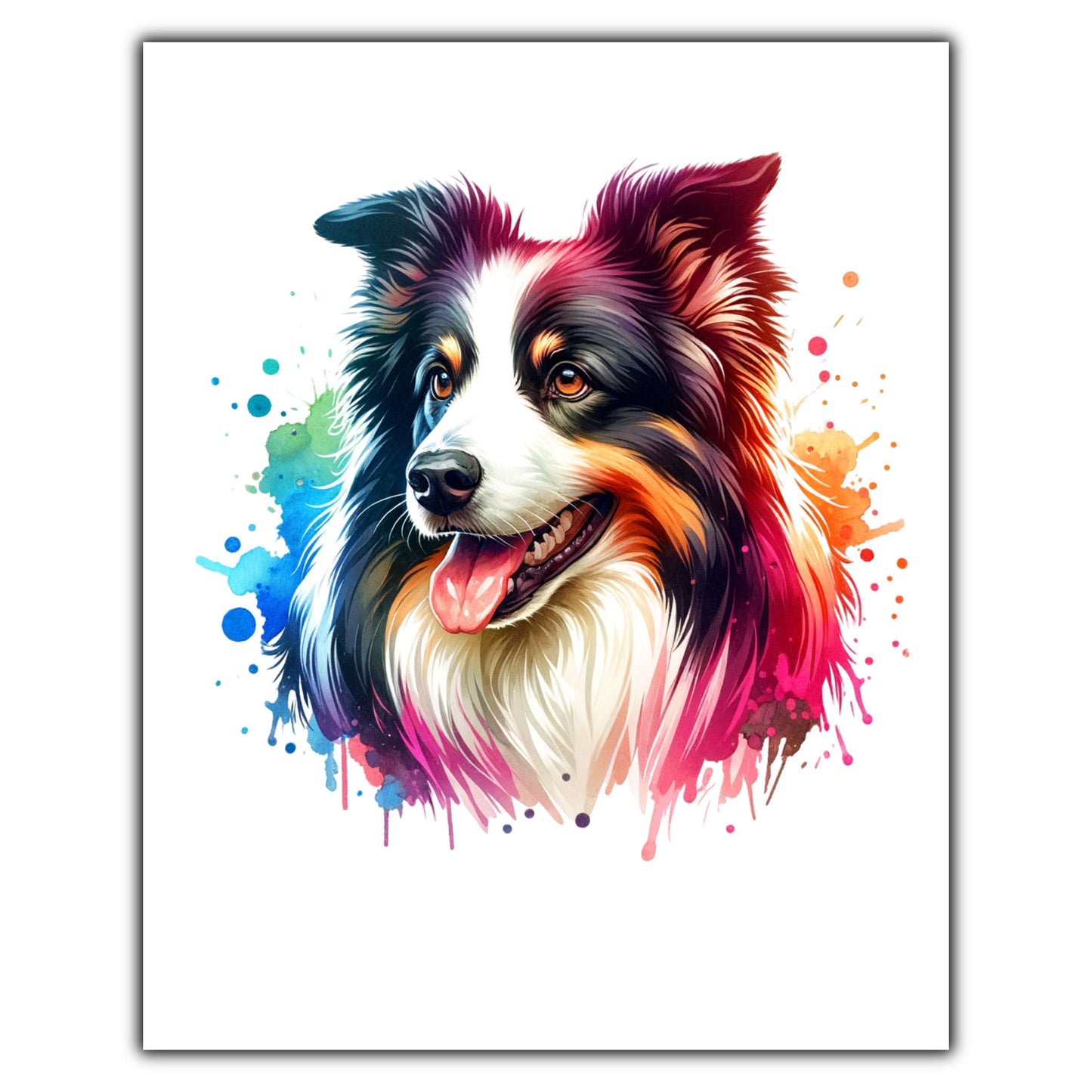 Border Collie Rainbow Watercolor Portrait Dog Lover 8"x10" Wall Art Print - Border Collie Gift