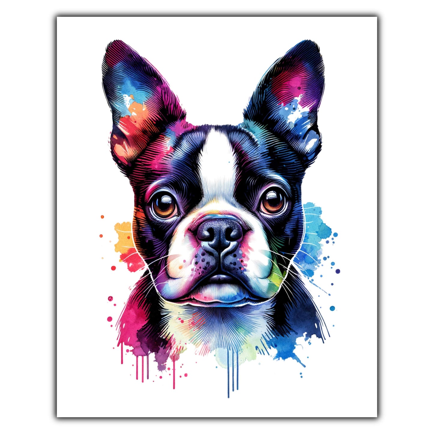 Boston Terrier Rainbow Watercolor Portrait Dog Lover 8"x10" Wall Art Print - Boston Terrier Gift