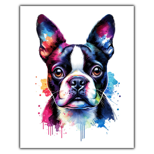 Boston Terrier Rainbow Watercolor Portrait Dog Lover 8"x10" Wall Art Print - Boston Terrier Gift