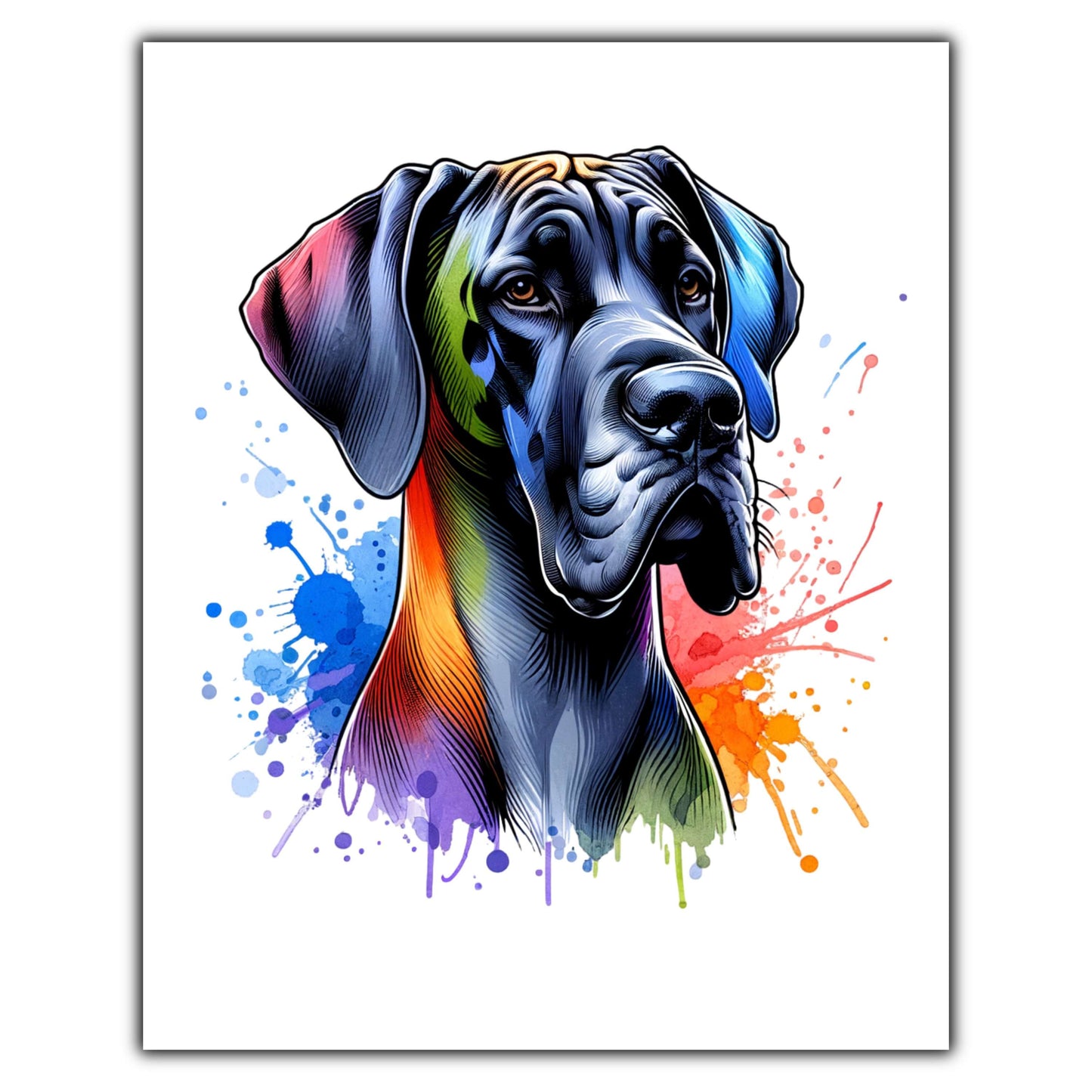 Great Dane Rainbow Watercolor Portrait Dog Lover 8"x10" Wall Art Print - Great Dane Gift