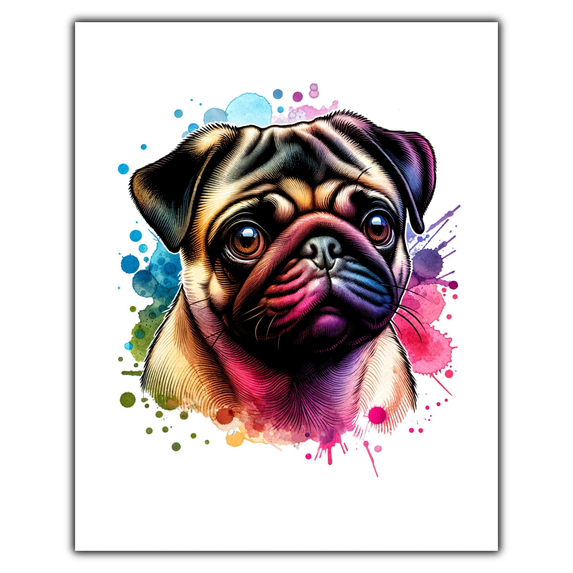 Pug Rainbow Watercolor Portrait Dog Lover 8"x10" Wall Art Print - Pug Gift