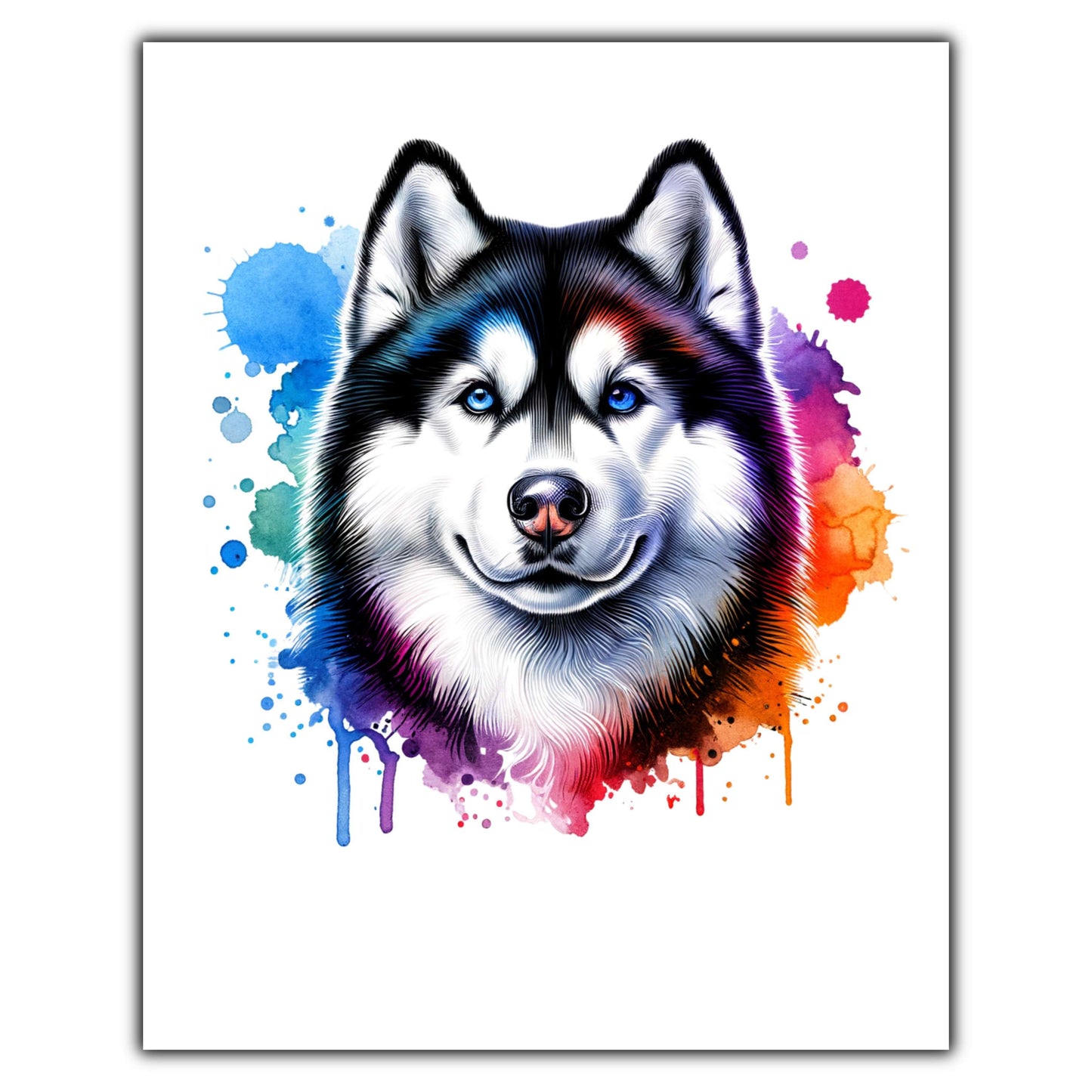 Siberian Husky Rainbow Watercolor Portrait Dog Lover 8"x10" Wall Art Print - Husky Gift