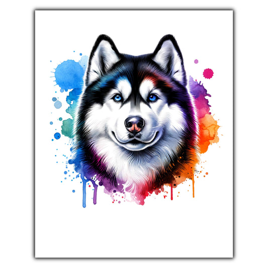 Siberian Husky Rainbow Watercolor Portrait Dog Lover 8"x10" Wall Art Print - Husky Gift