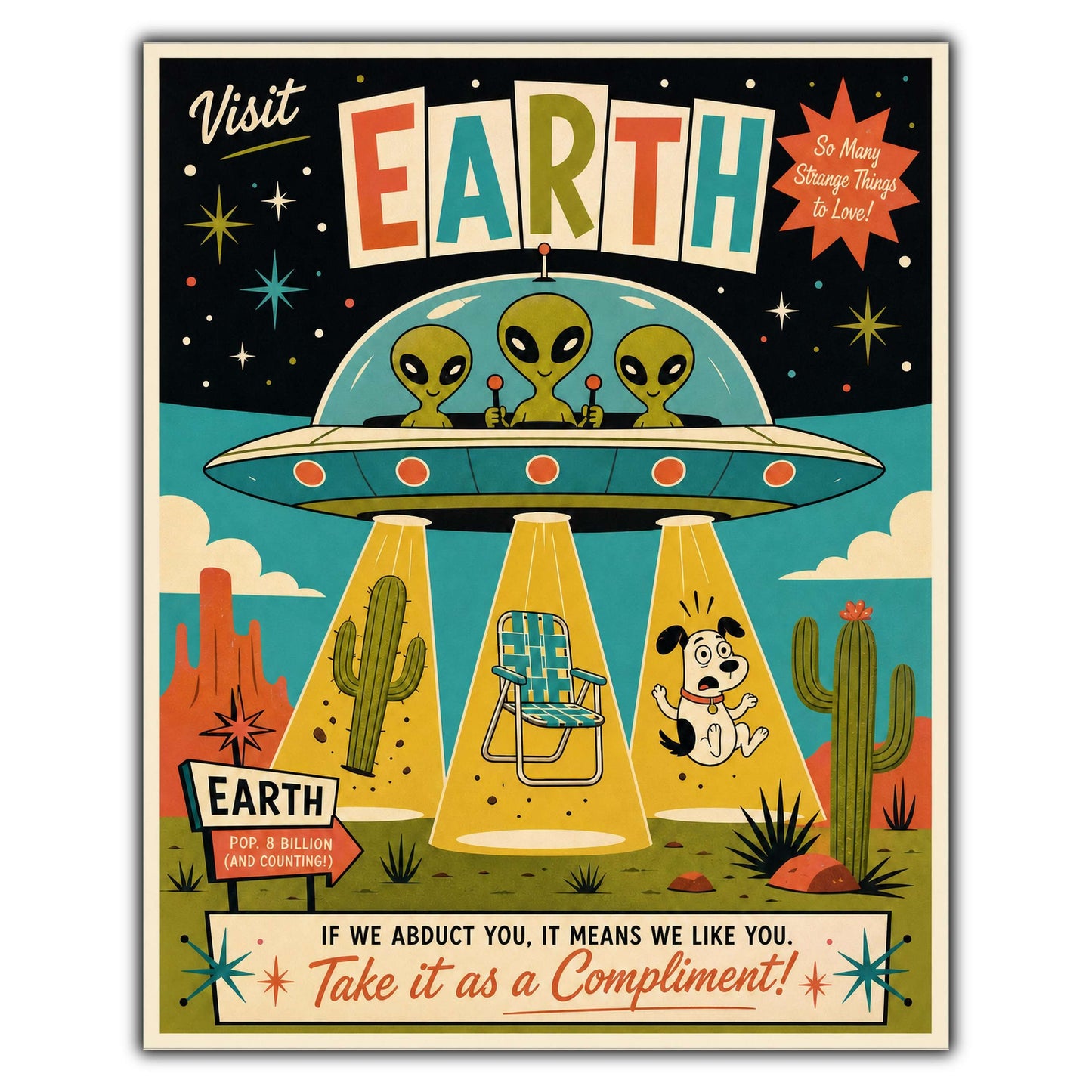 Visit Earth Retro Travel Poster Funny Alien Abduction 8"x10" Wall Art Print