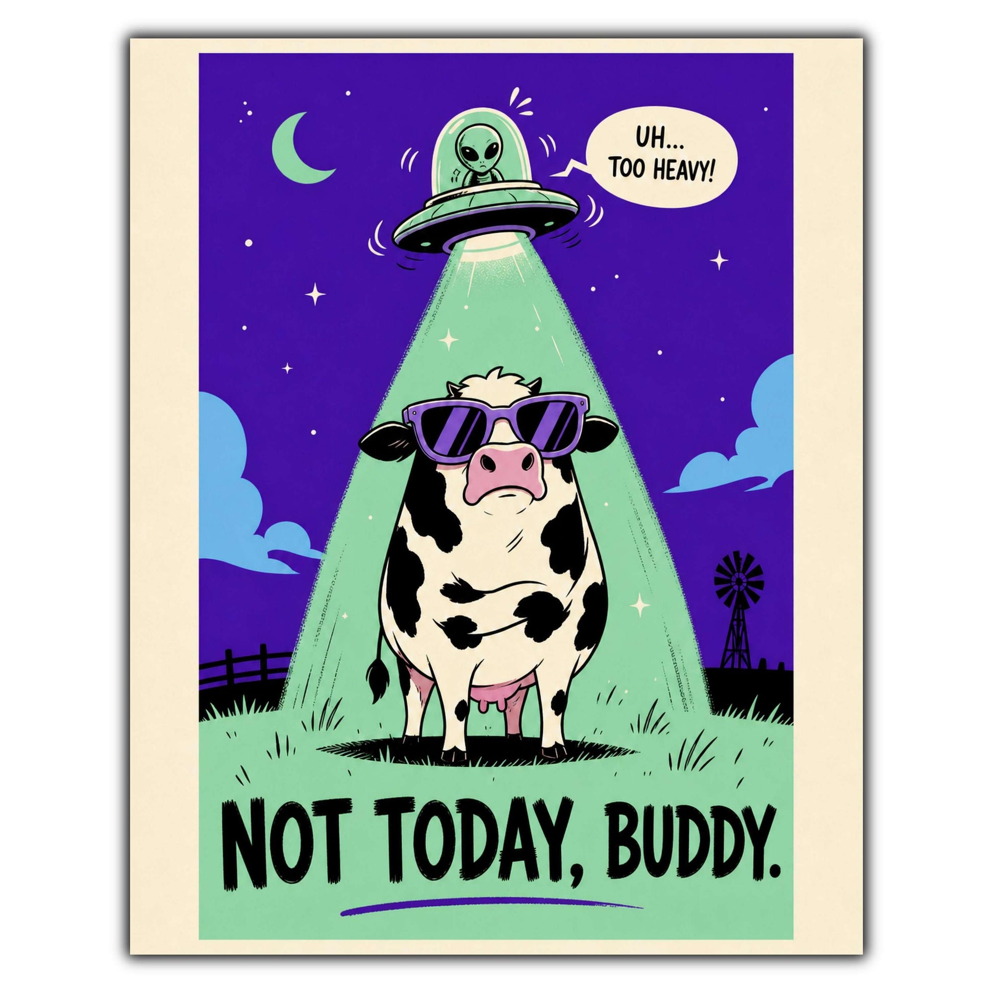 Funny Alien Abduction Attempt Fat Cow UFO 8"x10" Wall Art Print