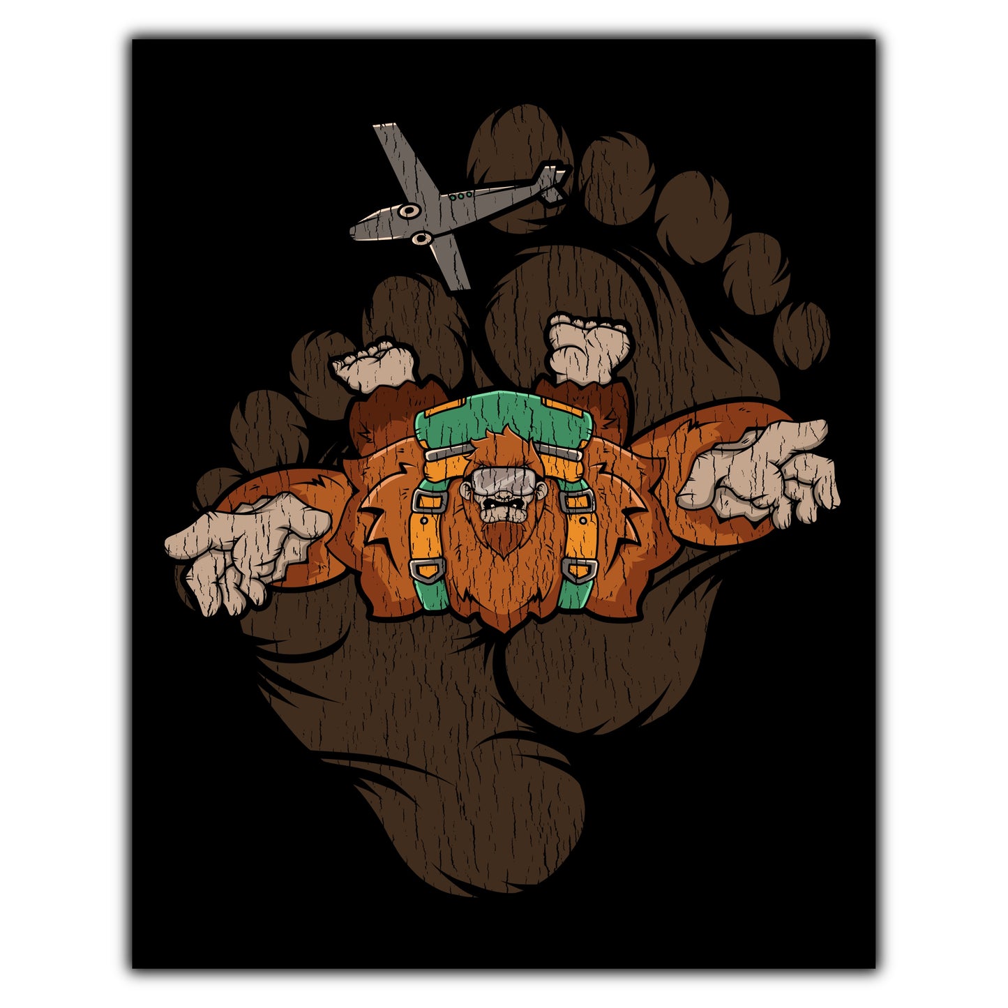 Bigfoot Skydiving Art - Sasquatch Jumping From Air Plane 8"x10" Wall Art Print