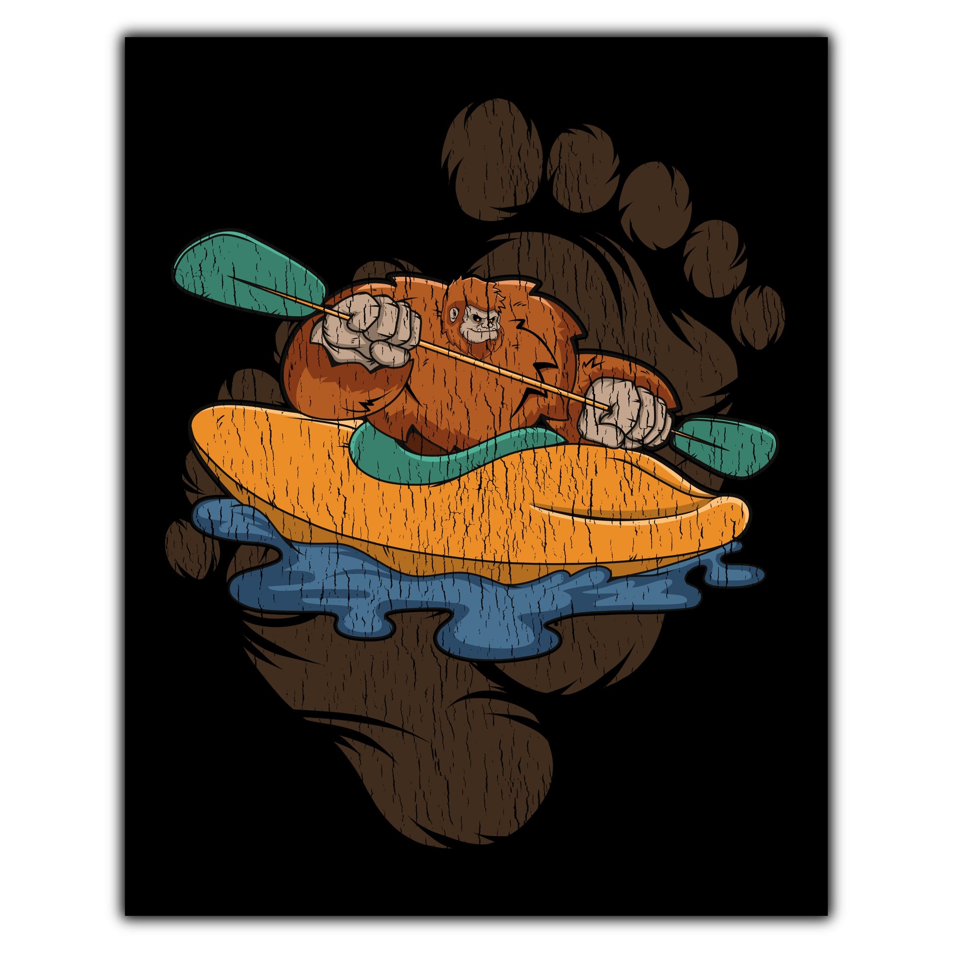 Bigfoot Kayaking Art - Sasquatch Paddling Kayak 8"x10" Wall Art Print