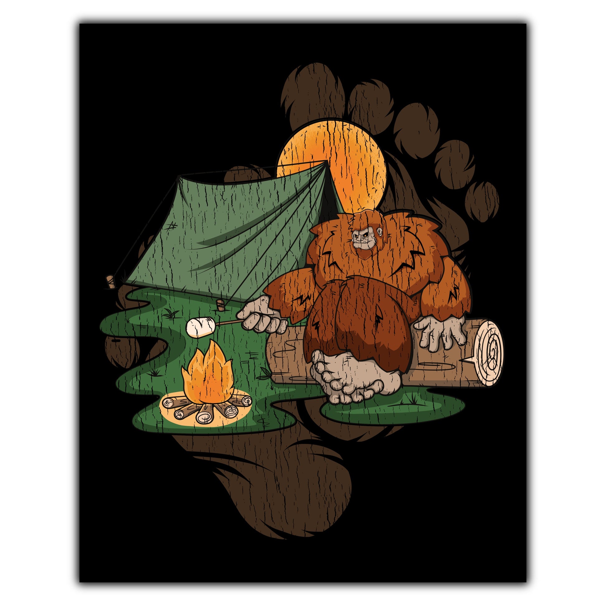 Bigfoot Camping Art - Sasquatch Roasting Marshmallows 8"x10" Wall Art Print