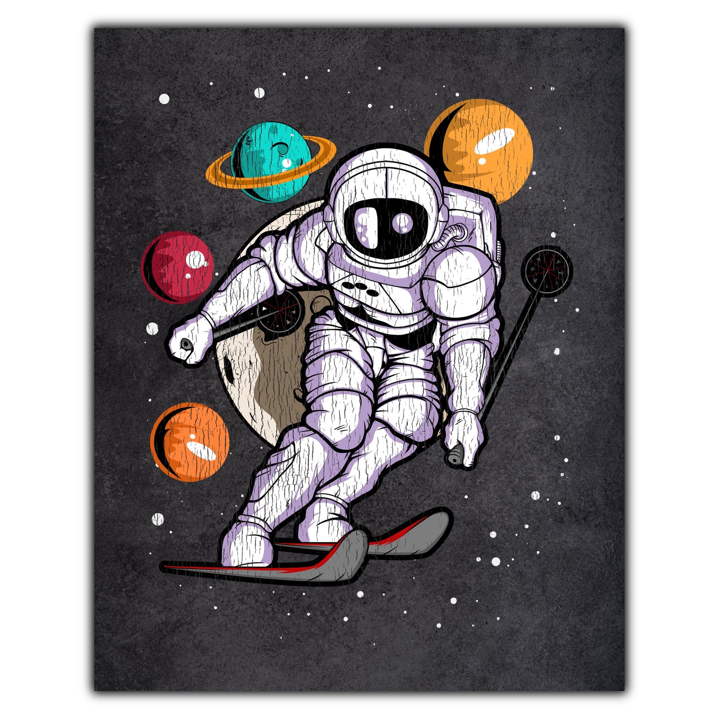 Skiing Astronaut Outer Space Spaceman Distressed 8"x10" Wall Art Print