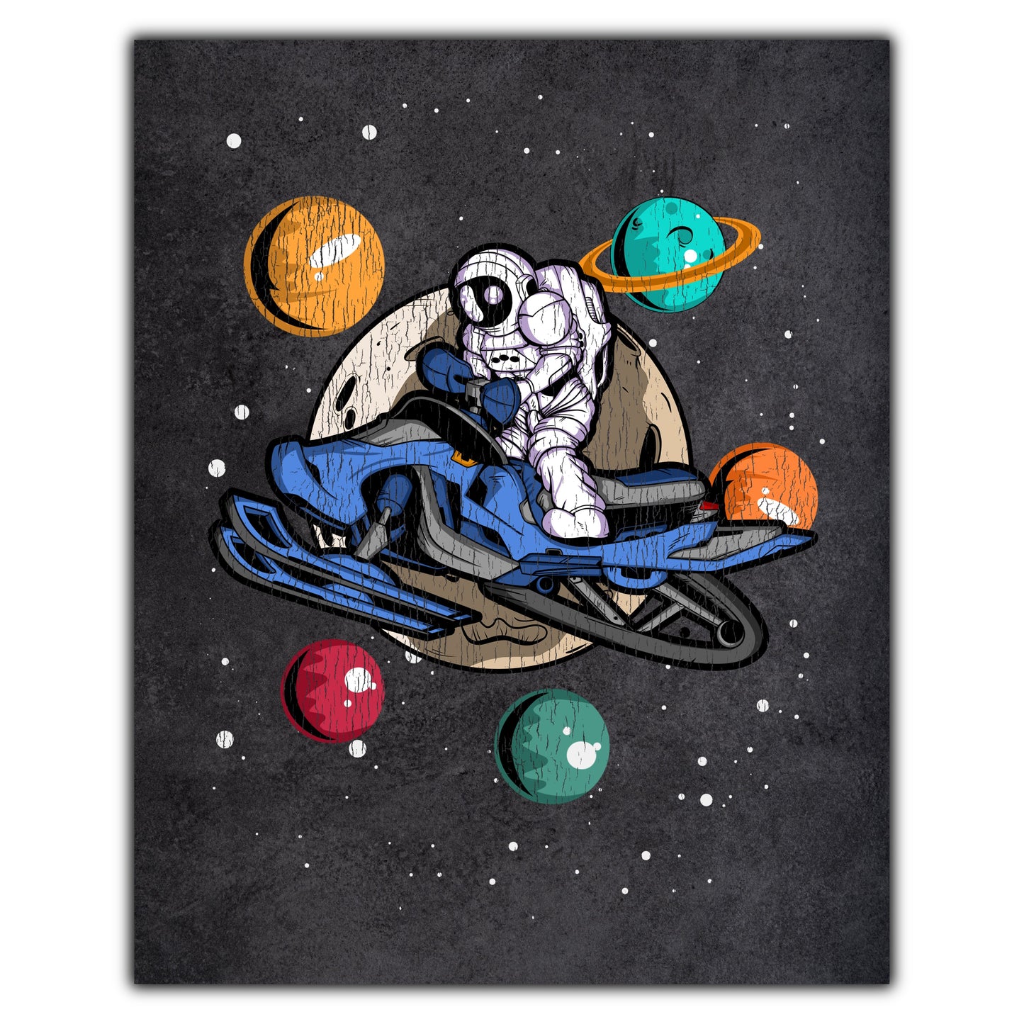Snowmobiling Astronaut Outer Space Spaceman Snowmobile Distressed 8"x10" Wall Art Print