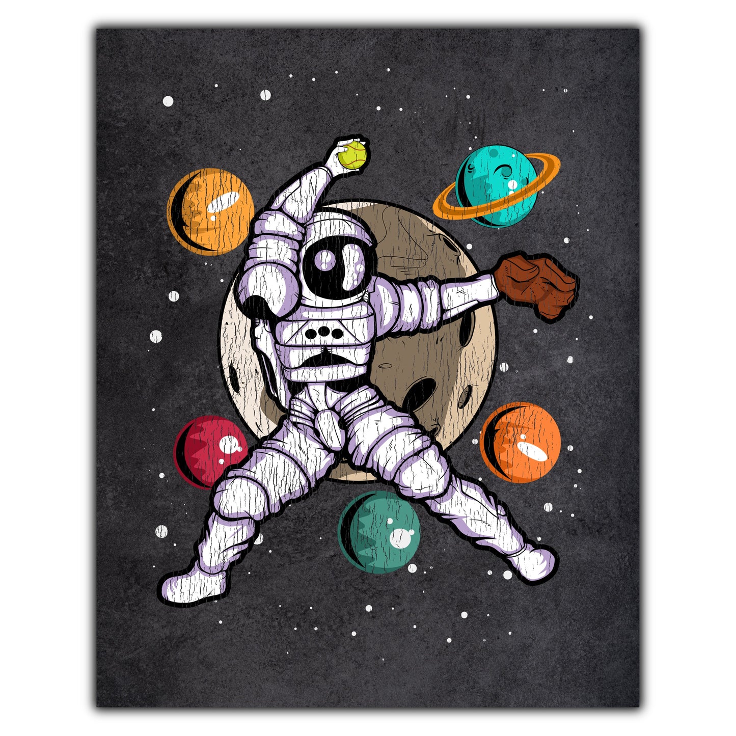 Softball Pitcher Astronaut Outer Space Spaceman Distressed 8"x10" Wall Art Print