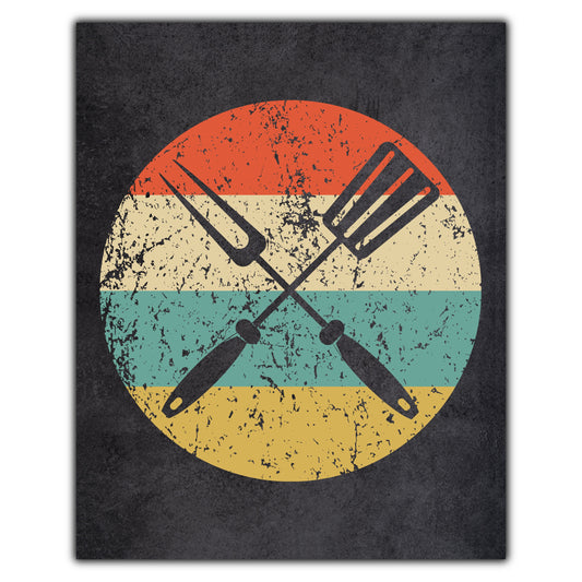 Spatula And Fork BBQ Cookout Icon Retro 8"x10" Wall Art Print