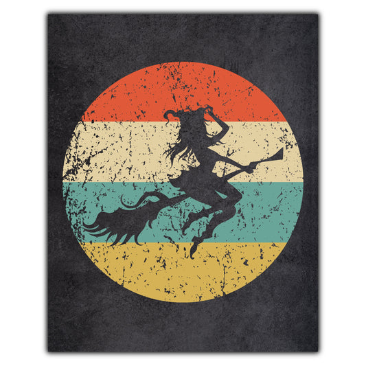 Witch Flying on Broomstick Halloween Icon Retro 8"x10" Wall Art Print