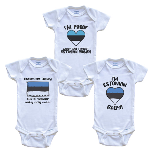 Mom is Estonian Baby Bodysuits Funny Estonia Flag 3 Piece Gift Set
