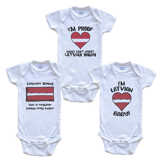 Mom is Latvian Baby Bodysuits Funny Latvia Flag 3 Piece Gift Set