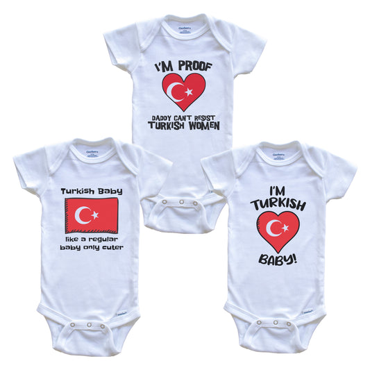 Mom is Turkish Baby Bodysuits Funny Turkey Flag 3 Piece Gift Set