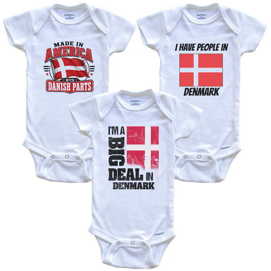I'm A Big Deal In Denmark Baby Bodysuits Funny Danish Flag 3 Piece Gift Set