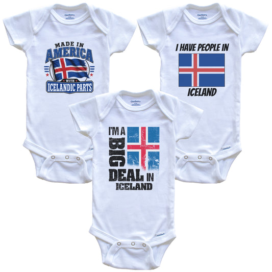 I'm A Big Deal In Iceland Baby Bodysuits Funny Icelandic Flag 3 Piece Gift Set