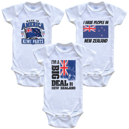 I'm A Big Deal In New Zealand Baby Bodysuits Funny Kiwi Flag 3 Piece Gift Set